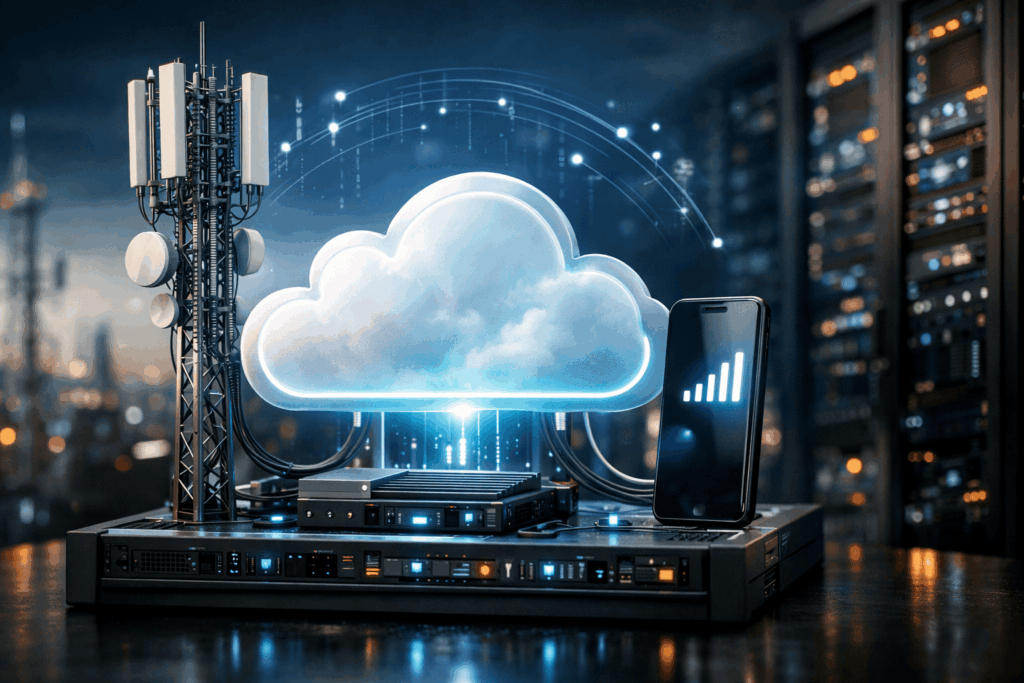 Cloud MVNO architecture showing eSIM, OSS/BSS, APIs, billing platform, and mobile network integration in 2026